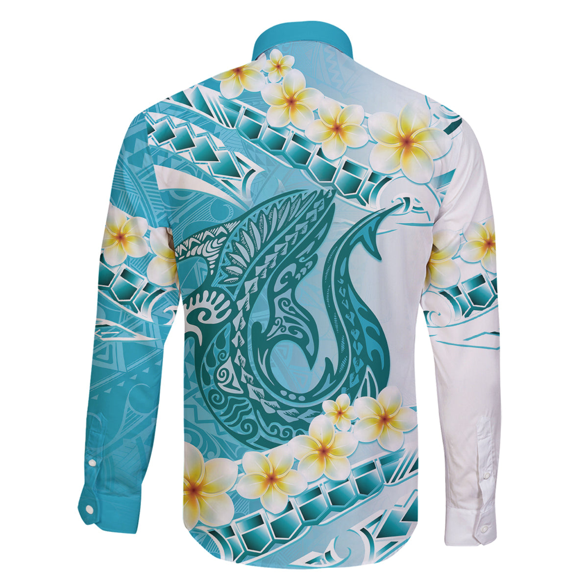 Turquoise Hawaii Shark Tattoo Family Matching Off Shoulder Short Dress and Hawaiian Shirt Frangipani With Polynesian Pastel Version
