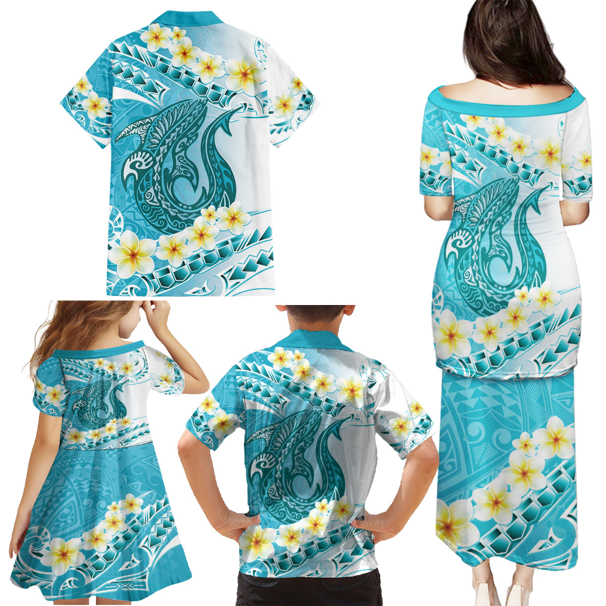 Turquoise Hawaii Shark Tattoo Family Matching Puletasi and Hawaiian Shirt Frangipani With Polynesian Pastel Version