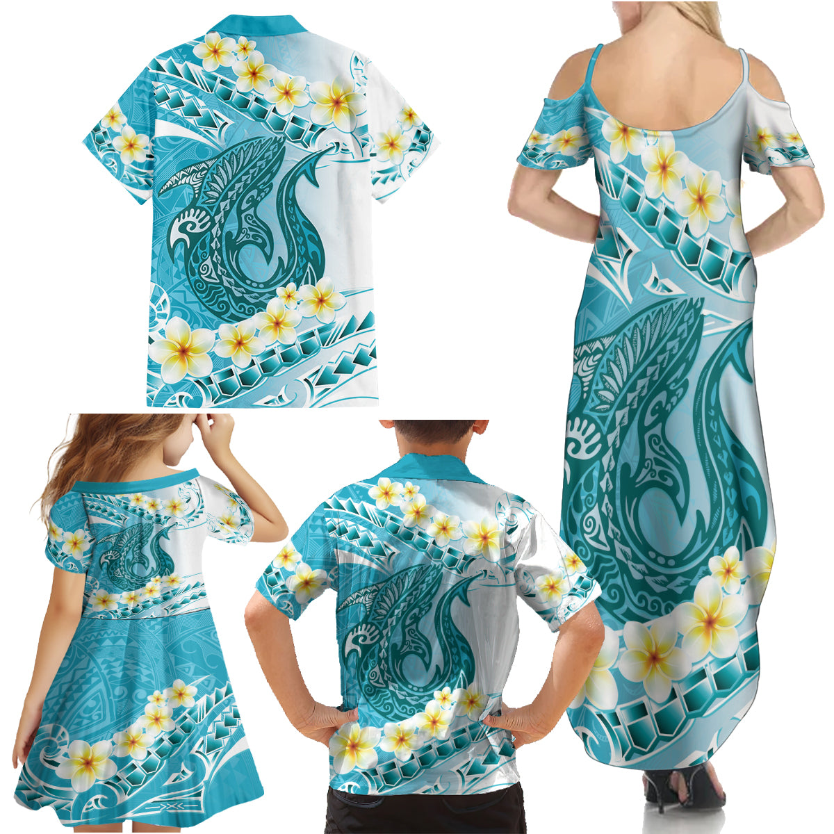 Turquoise Hawaii Shark Tattoo Family Matching Summer Maxi Dress and Hawaiian Shirt Frangipani With Polynesian Pastel Version