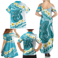 Turquoise Hawaii Shark Tattoo Family Matching Summer Maxi Dress and Hawaiian Shirt Frangipani With Polynesian Pastel Version