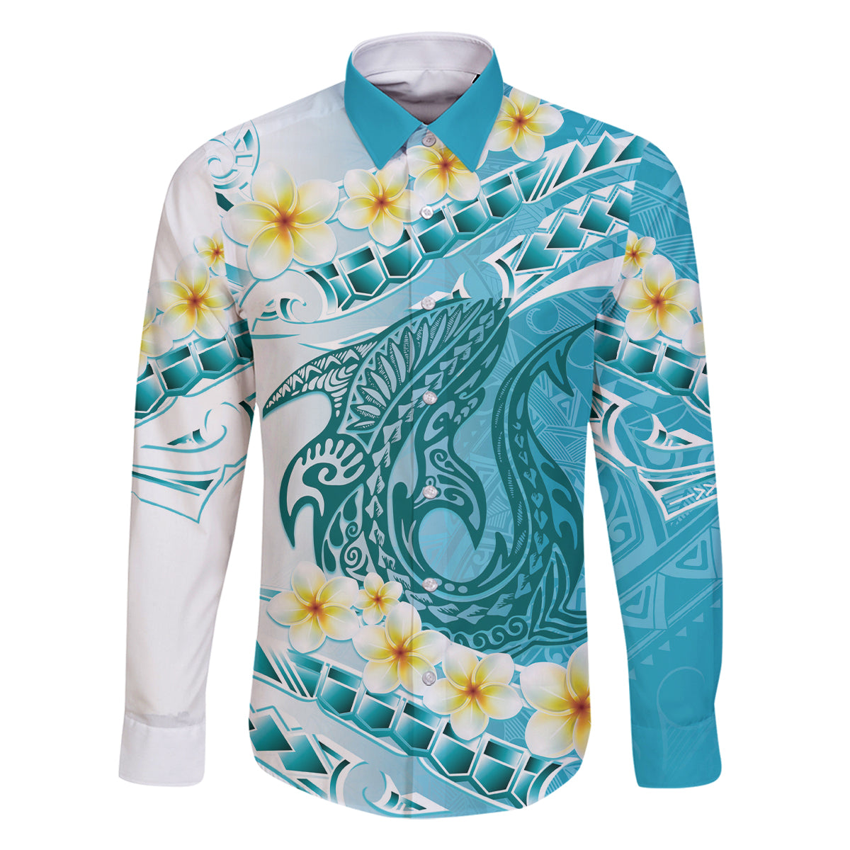 Turquoise Hawaii Shark Tattoo Family Matching Tank Maxi Dress and Hawaiian Shirt Frangipani With Polynesian Pastel Version
