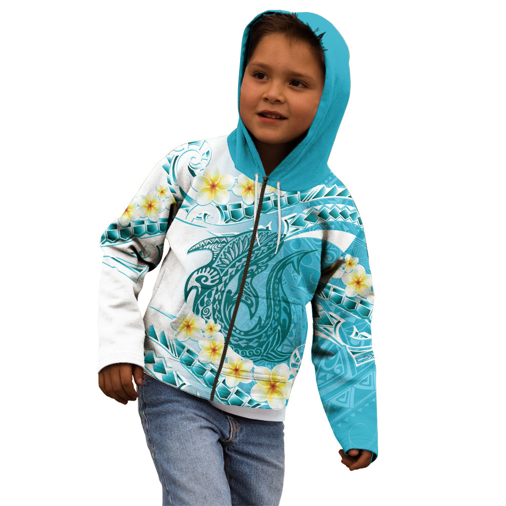 Turquoise Hawaii Shark Tattoo Kid Hoodie Frangipani With Polynesian Pastel Version LT14 - Polynesian Pride