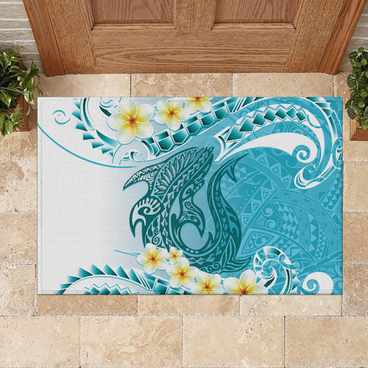 Turquoise Hawaii Shark Tattoo Rubber Doormat Frangipani With Polynesian Pastel Version