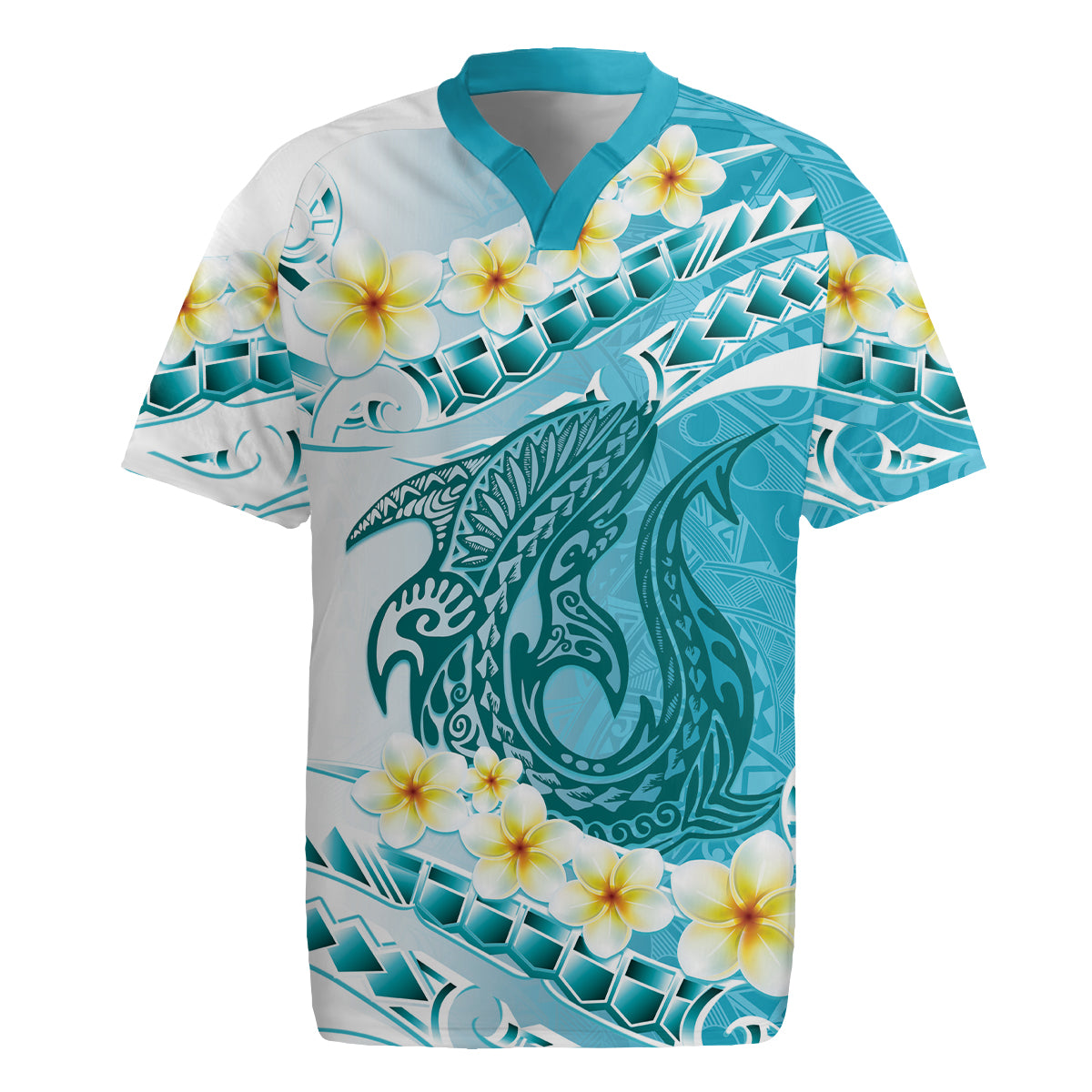 Turquoise Hawaii Shark Tattoo Rugby Jersey Frangipani With Polynesian Pastel Version