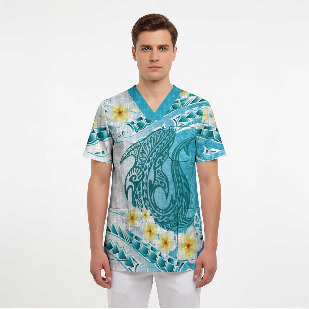 Turquoise Hawaii Shark Tattoo Scrub Top Frangipani With Polynesian Pastel Version - Polynesian Pride