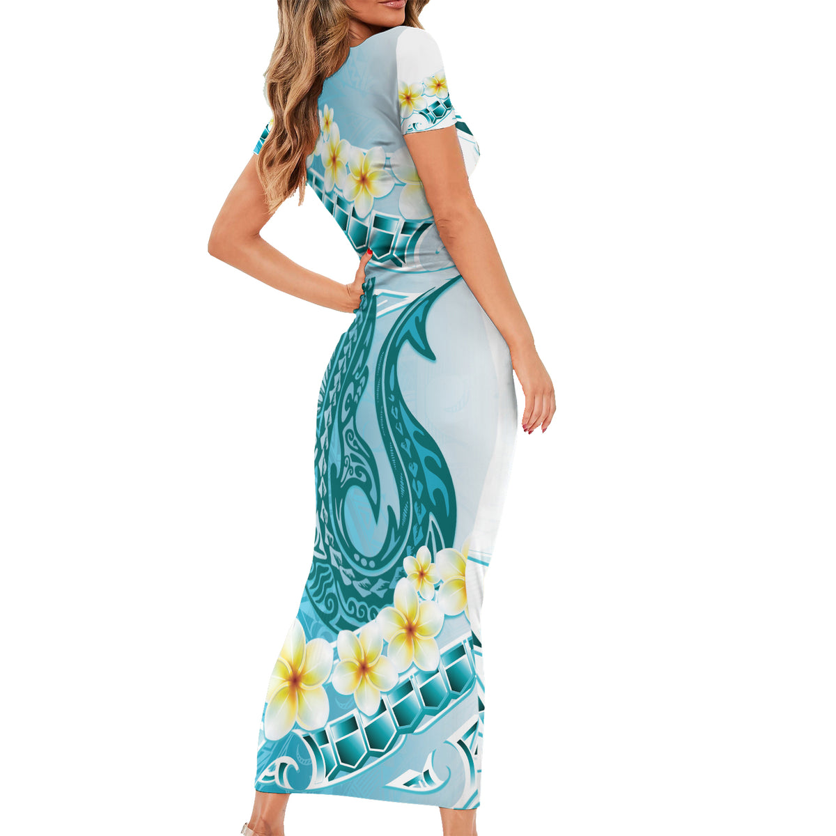 Turquoise Hawaii Shark Tattoo Short Sleeve Bodycon Dress Frangipani With Polynesian Pastel Version