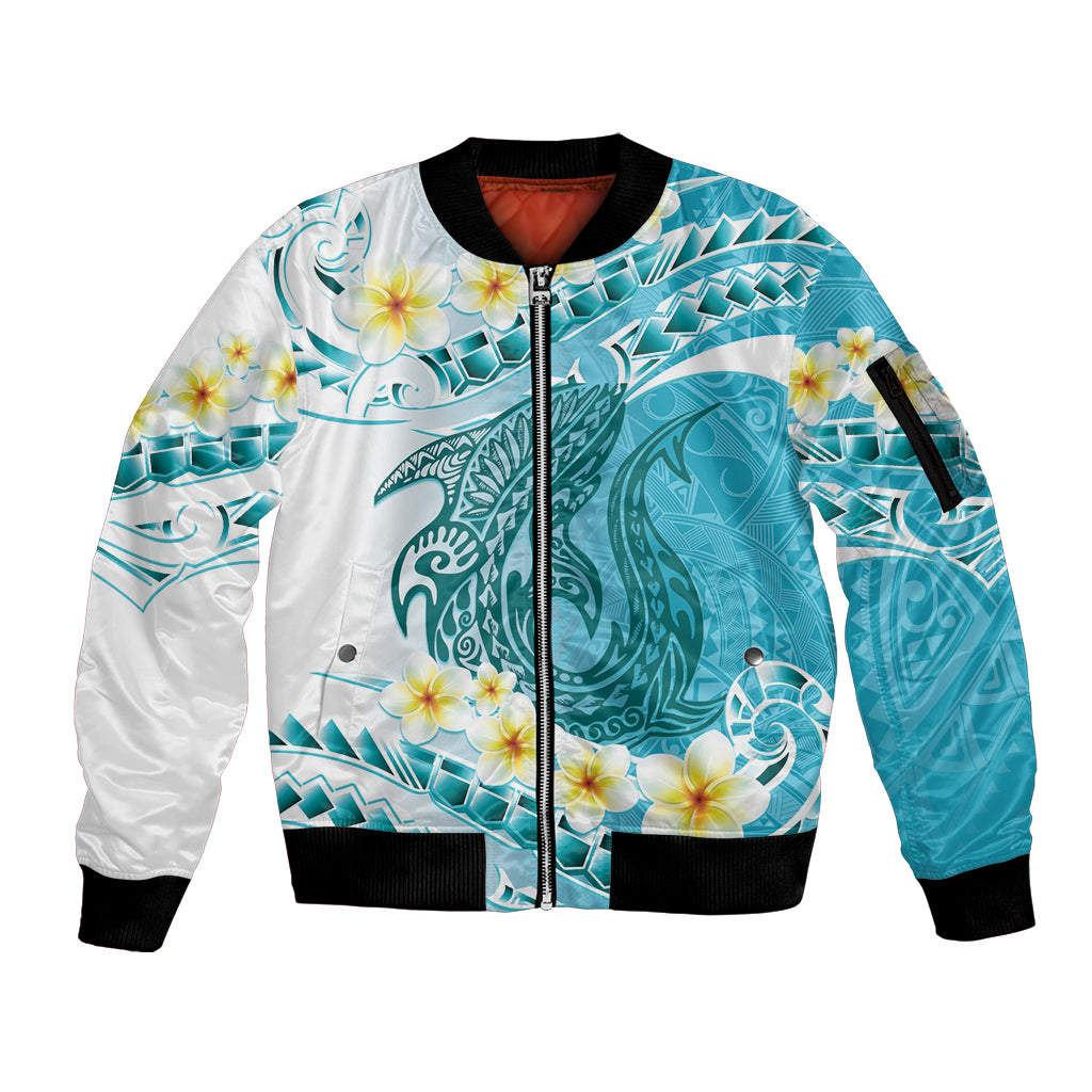Turquoise Hawaii Shark Tattoo Sleeve Zip Bomber Jacket Frangipani With Polynesian Pastel Version