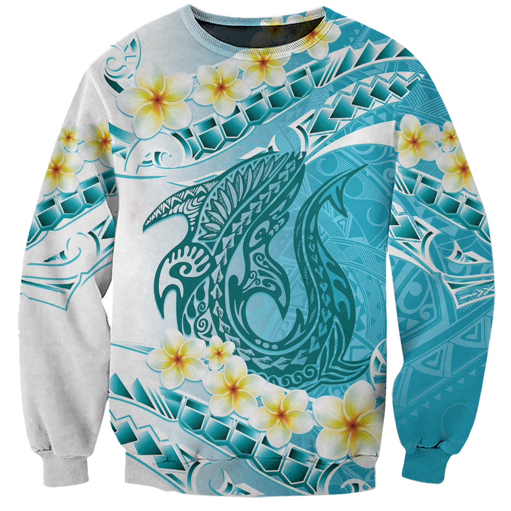 Turquoise Hawaii Shark Tattoo Sweatshirt Frangipani With Polynesian Pastel Version