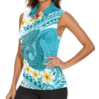 Turquoise Hawaii Shark Tattoo Women Sleeveless Polo Shirt Frangipani With Polynesian Pastel Version