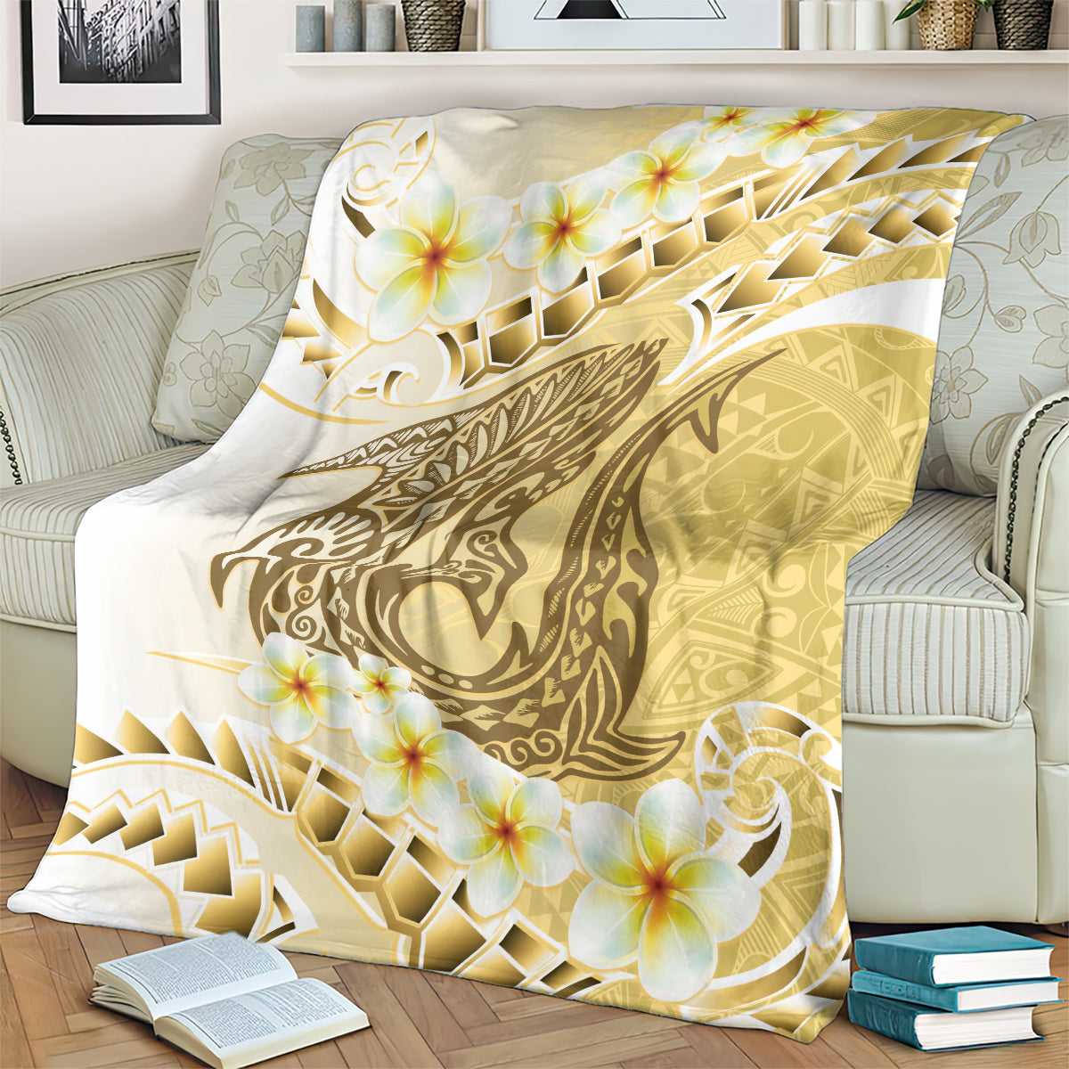 Gold Hawaii Shark Tattoo Blanket Frangipani With Polynesian Pastel Version