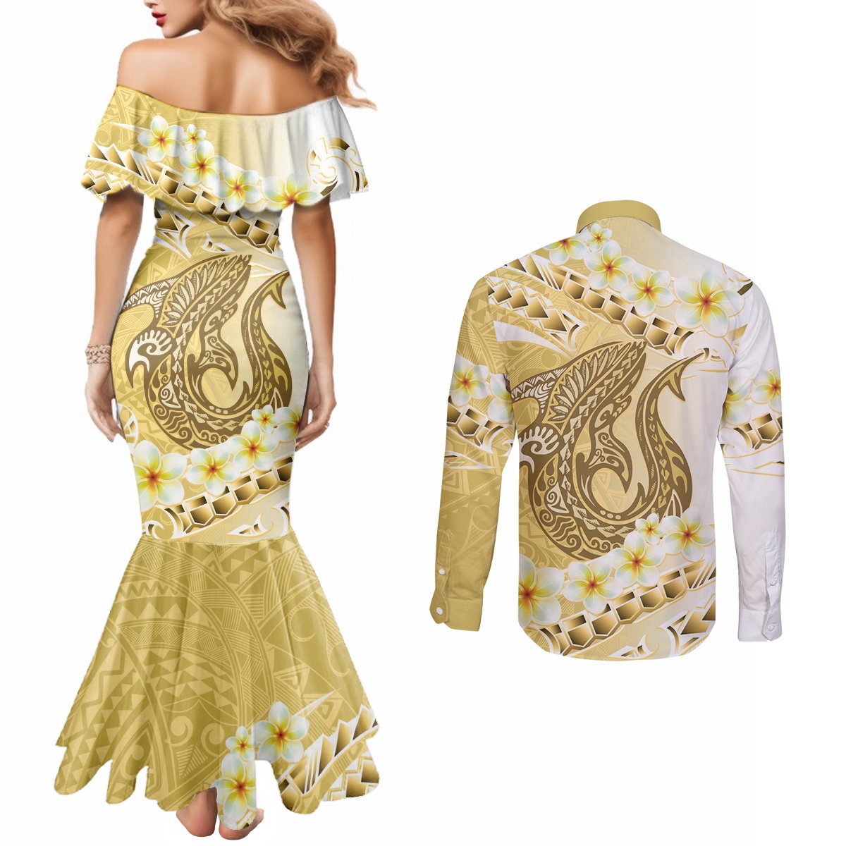 Gold Hawaii Shark Tattoo Couples Matching Mermaid Dress and Long Sleeve Button Shirt Frangipani With Polynesian Pastel Version