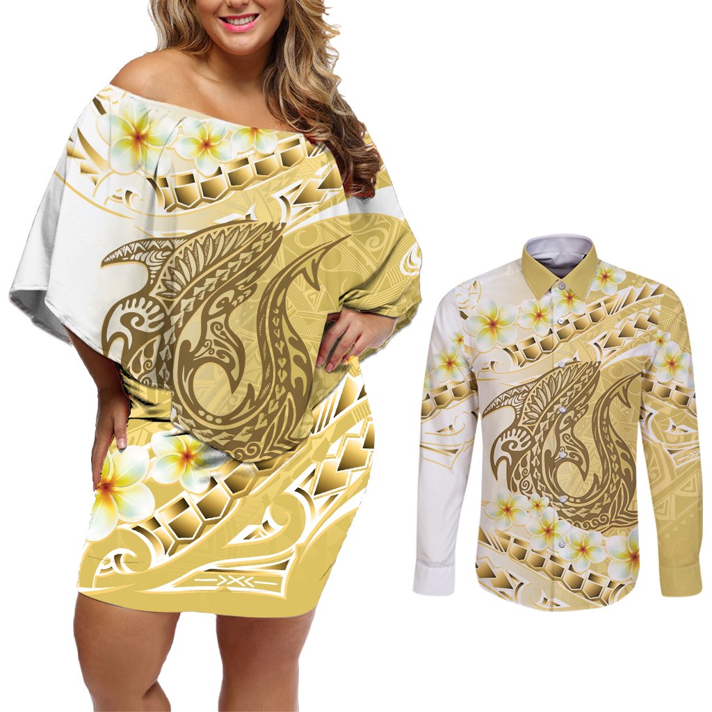 Gold Hawaii Shark Tattoo Couples Matching Off Shoulder Short Dress and Long Sleeve Button Shirt Frangipani With Polynesian Pastel Version