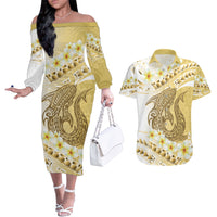 Gold Hawaii Shark Tattoo Couples Matching Off The Shoulder Long Sleeve Dress and Hawaiian Shirt Frangipani With Polynesian Pastel Version