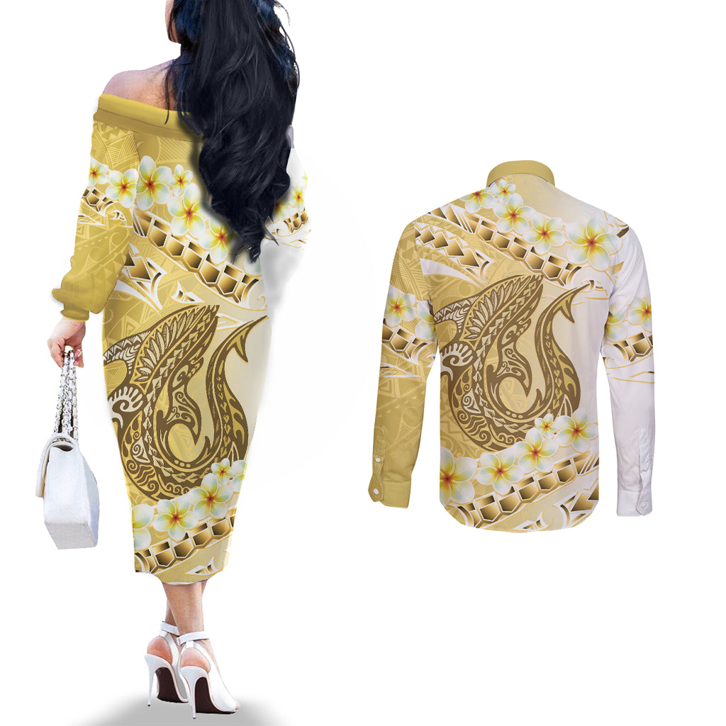 Gold Hawaii Shark Tattoo Couples Matching Off The Shoulder Long Sleeve Dress and Long Sleeve Button Shirt Frangipani With Polynesian Pastel Version