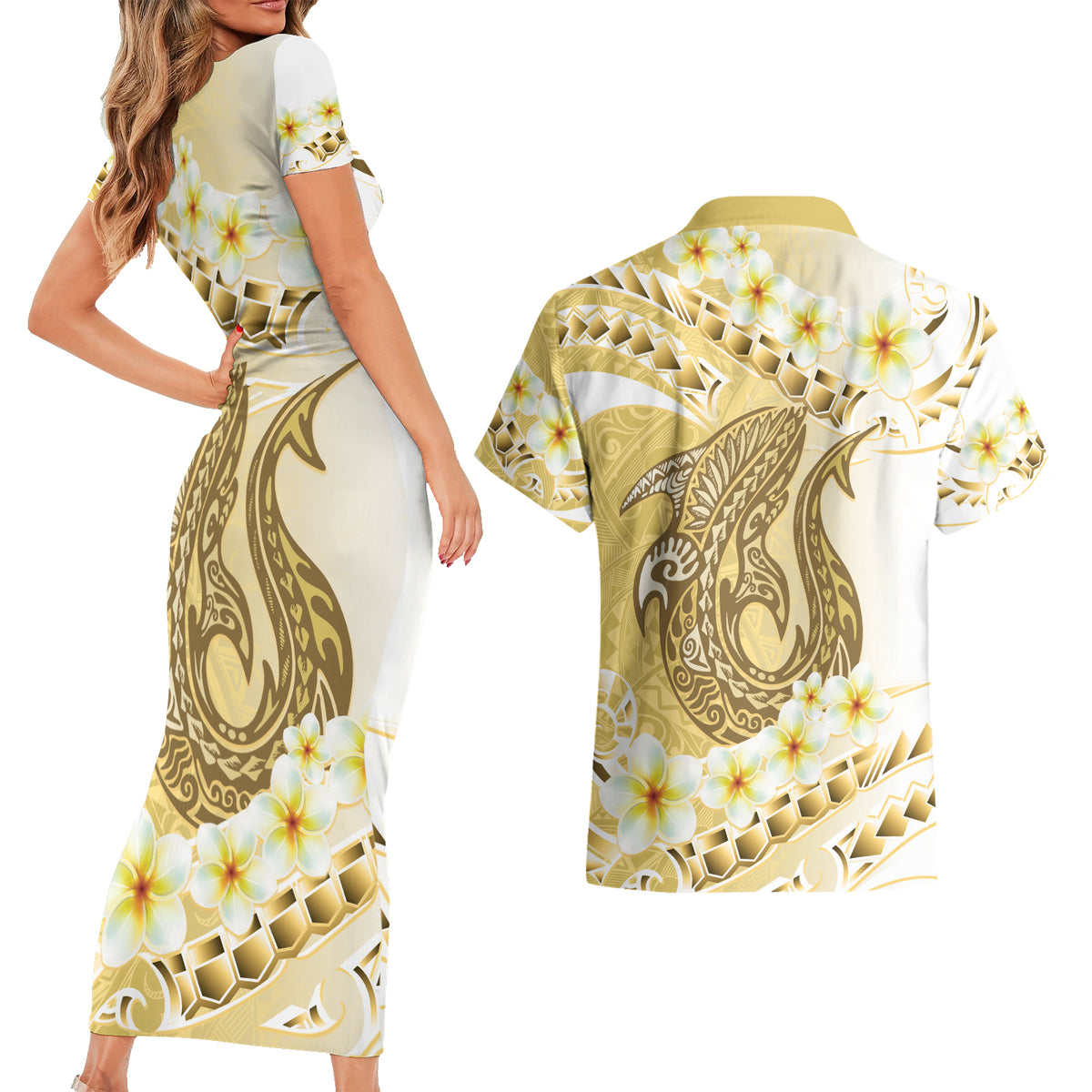 Gold Hawaii Shark Tattoo Couples Matching Short Sleeve Bodycon Dress and Hawaiian Shirt Frangipani With Polynesian Pastel Version