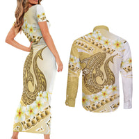 Gold Hawaii Shark Tattoo Couples Matching Short Sleeve Bodycon Dress and Long Sleeve Button Shirt Frangipani With Polynesian Pastel Version