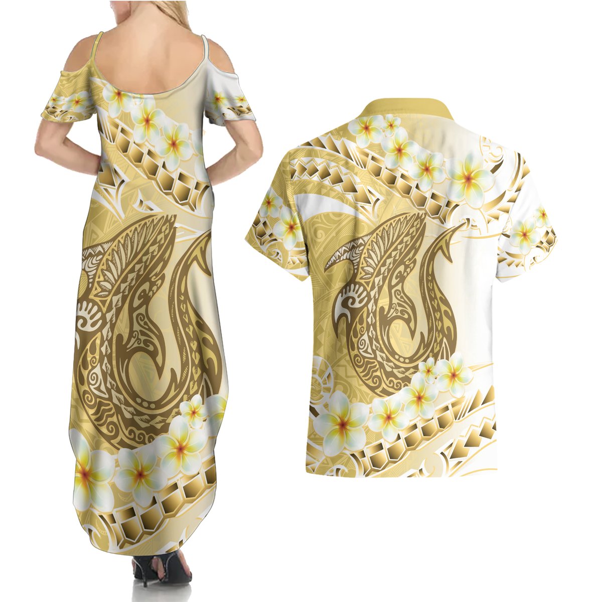 Gold Hawaii Shark Tattoo Couples Matching Summer Maxi Dress and Hawaiian Shirt Frangipani With Polynesian Pastel Version