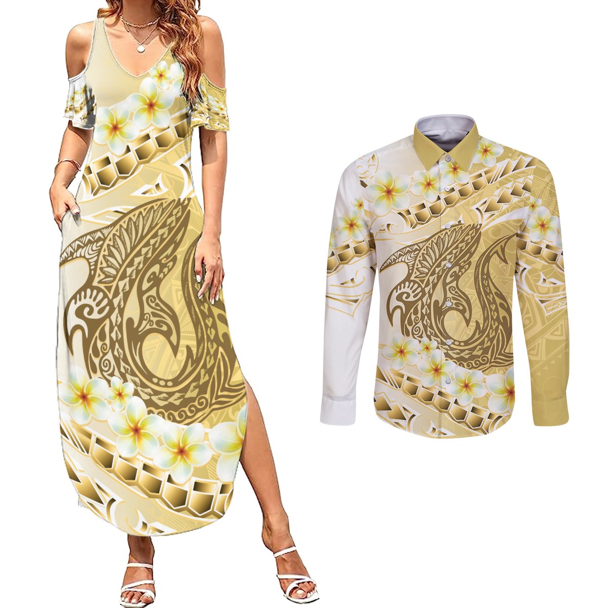 Gold Hawaii Shark Tattoo Couples Matching Summer Maxi Dress and Long Sleeve Button Shirt Frangipani With Polynesian Pastel Version
