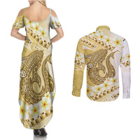 Gold Hawaii Shark Tattoo Couples Matching Summer Maxi Dress and Long Sleeve Button Shirt Frangipani With Polynesian Pastel Version