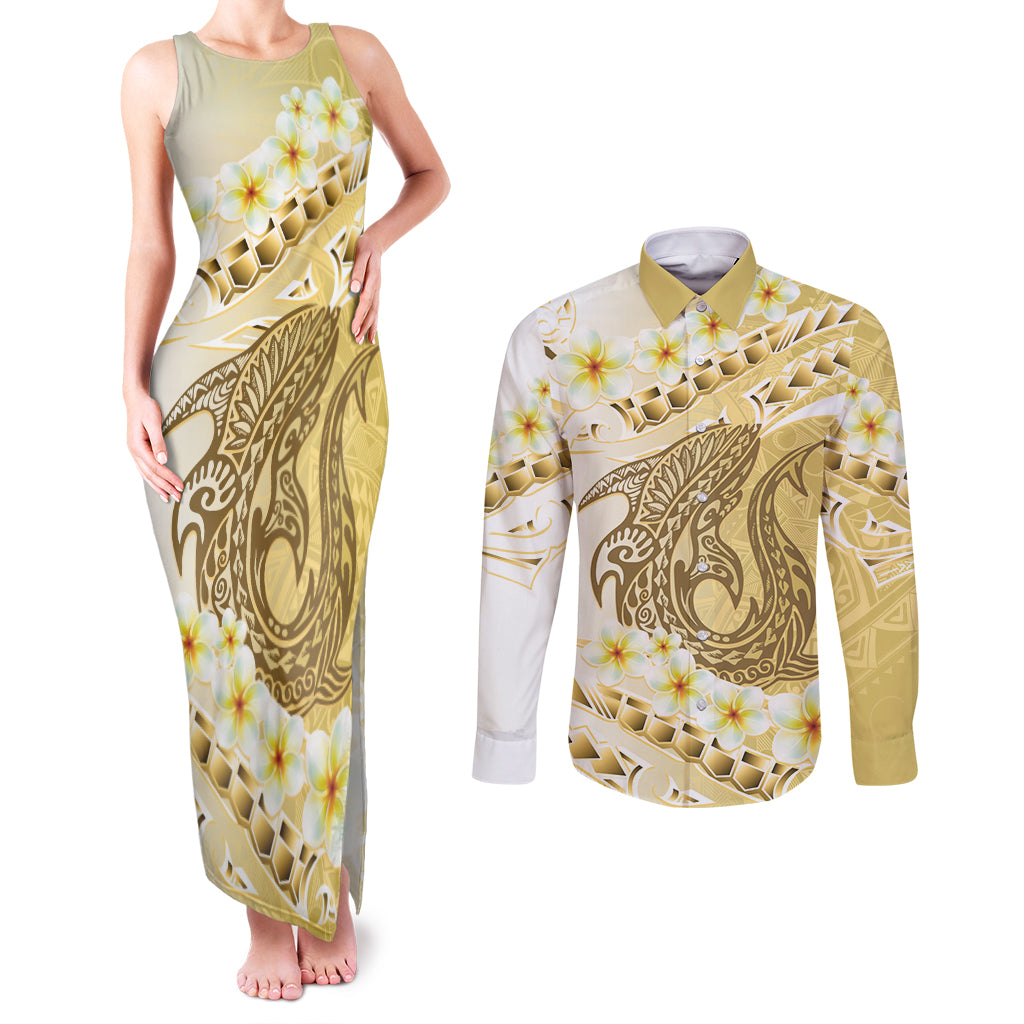 Gold Hawaii Shark Tattoo Couples Matching Tank Maxi Dress and Long Sleeve Button Shirt Frangipani With Polynesian Pastel Version
