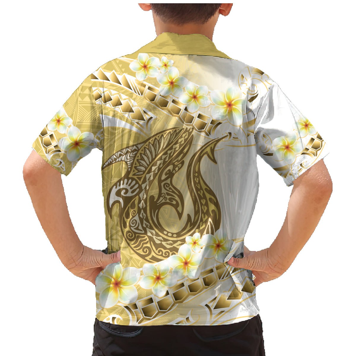 Gold Hawaii Shark Tattoo Family Matching Mermaid Dress and Hawaiian Shirt Frangipani With Polynesian Pastel Version