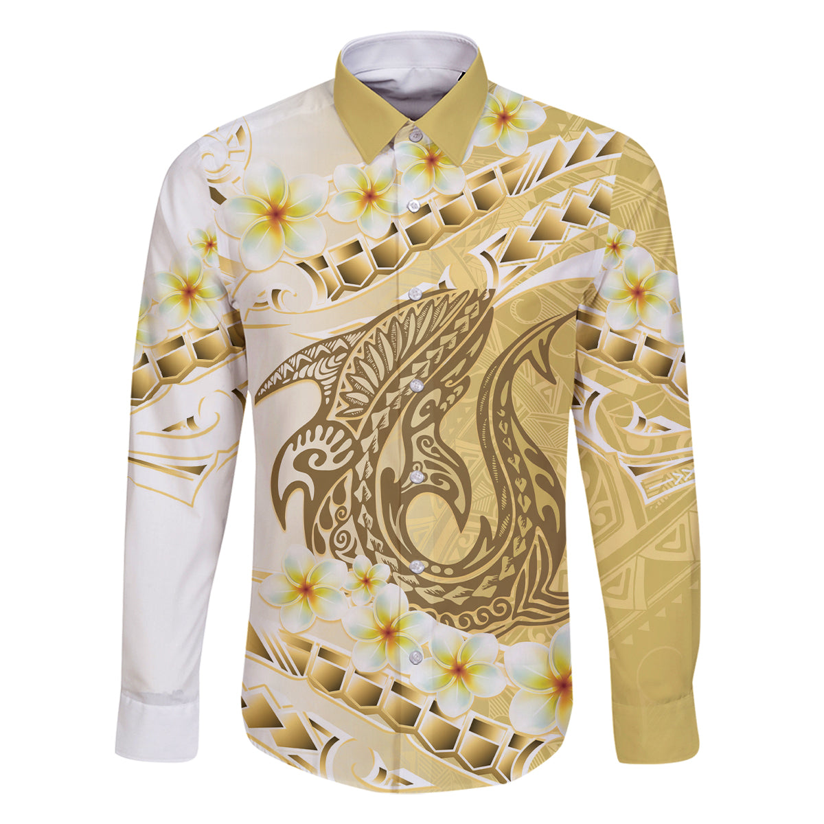 Gold Hawaii Shark Tattoo Family Matching Mermaid Dress and Hawaiian Shirt Frangipani With Polynesian Pastel Version