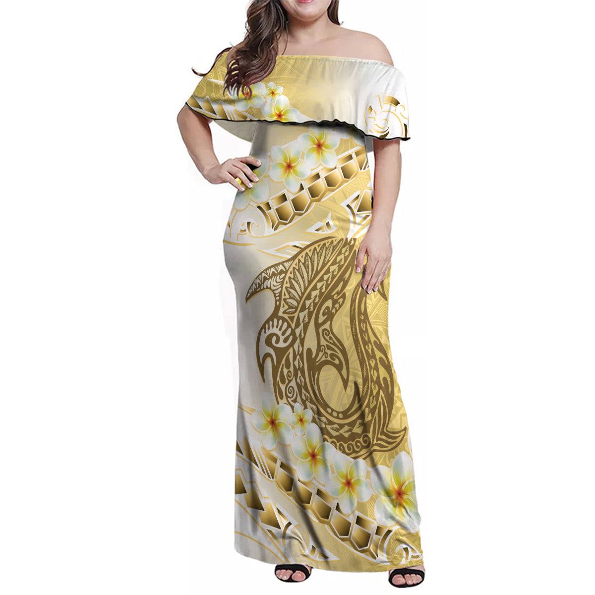 Gold Hawaii Shark Tattoo Family Matching Off Shoulder Maxi Dress and Hawaiian Shirt Frangipani With Polynesian Pastel Version