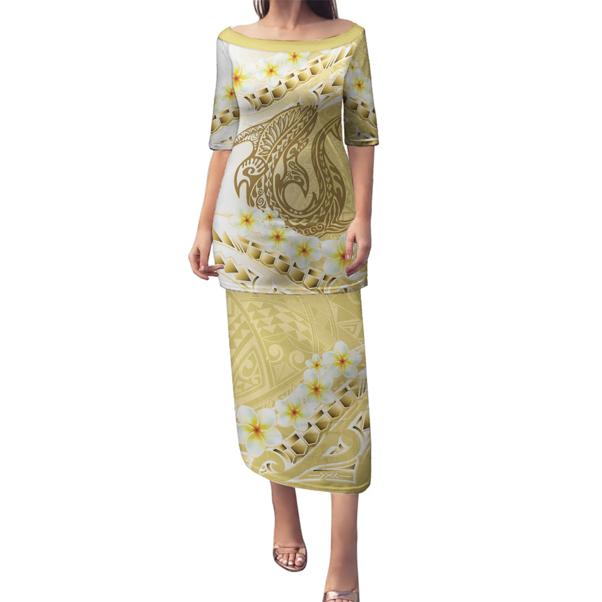 Gold Hawaii Shark Tattoo Family Matching Puletasi and Hawaiian Shirt Frangipani With Polynesian Pastel Version