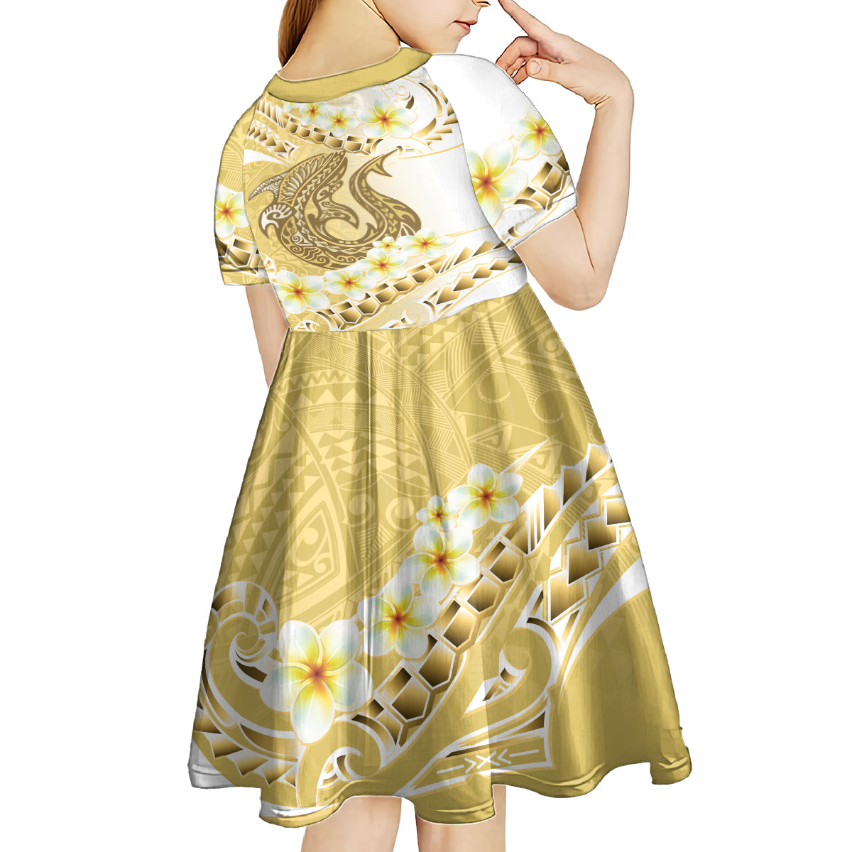 Gold Hawaii Shark Tattoo Kid Short Sleeve Dress Frangipani With Polynesian Pastel Version