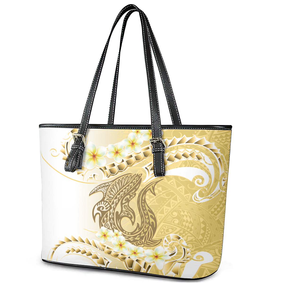Gold Hawaii Shark Tattoo Leather Tote Bag Frangipani With Polynesian Pastel Version