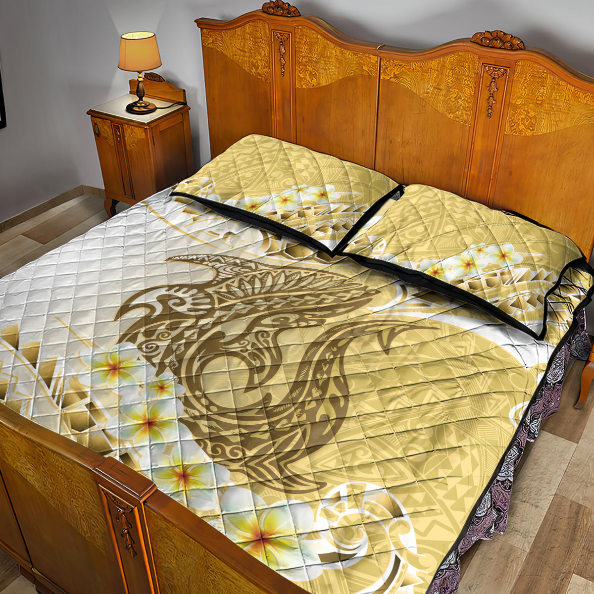 Gold Hawaii Shark Tattoo Quilt Bed Set Frangipani With Polynesian Pastel Version