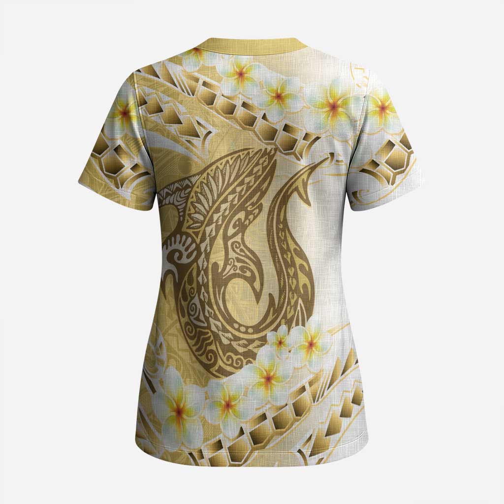 Gold Hawaii Shark Tattoo Scrub Top Frangipani With Polynesian Pastel Version - Polynesian Pride