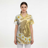 Gold Hawaii Shark Tattoo Scrub Top Frangipani With Polynesian Pastel Version - Polynesian Pride