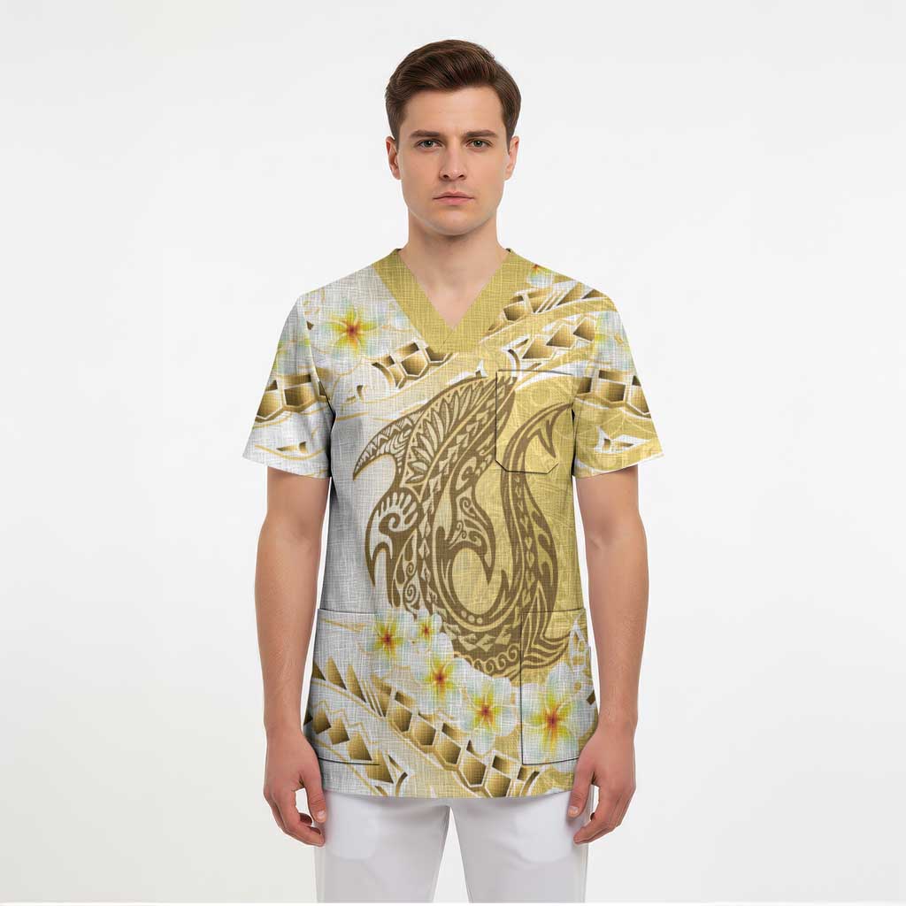 Gold Hawaii Shark Tattoo Scrub Top Frangipani With Polynesian Pastel Version - Polynesian Pride