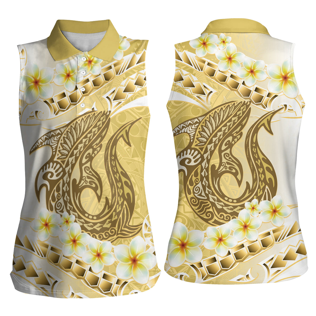 Gold Hawaii Shark Tattoo Women Sleeveless Polo Shirt Frangipani With Polynesian Pastel Version