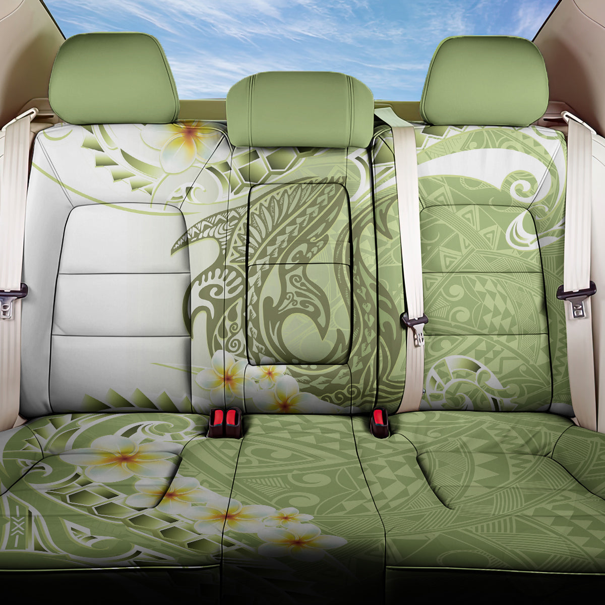 Green Hawaii Shark Tattoo Back Car Seat Cover Frangipani With Polynesian Pastel Version