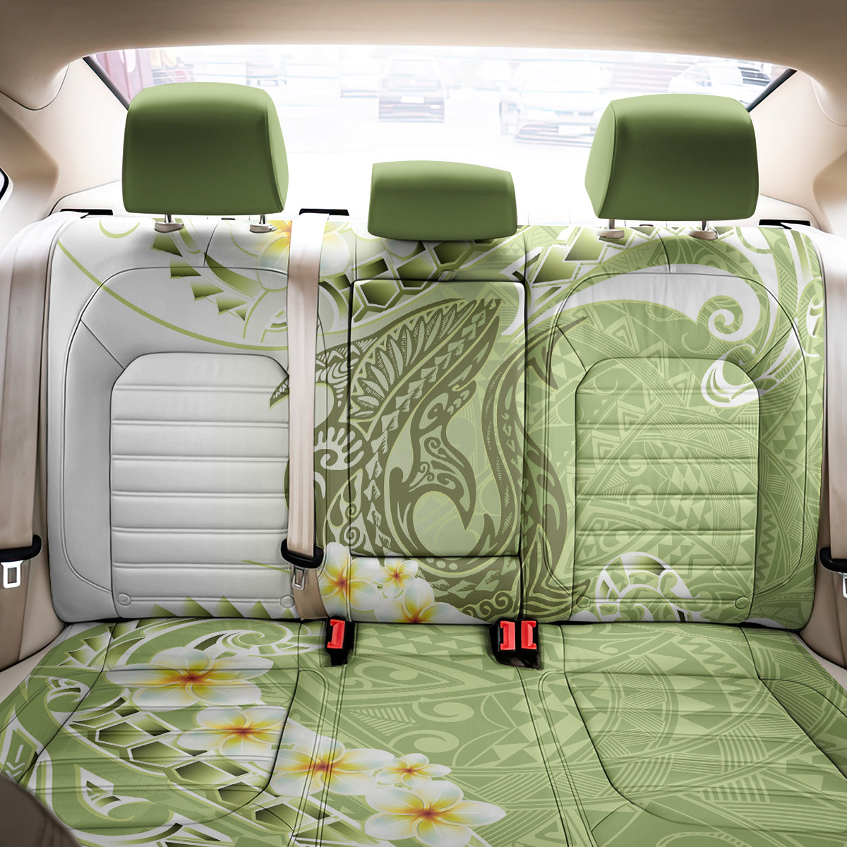 Green Hawaii Shark Tattoo Back Car Seat Cover Frangipani With Polynesian Pastel Version