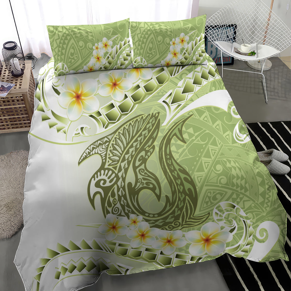 Green Hawaii Shark Tattoo Bedding Set Frangipani With Polynesian Pastel Version