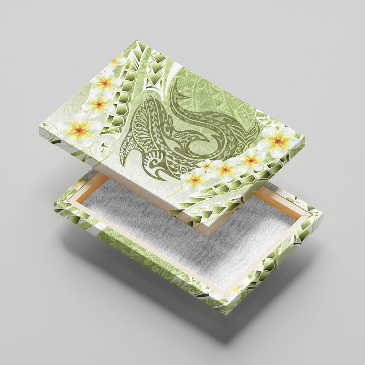 Green Hawaii Shark Tattoo Canvas Wall Art Frangipani With Polynesian Pastel Version