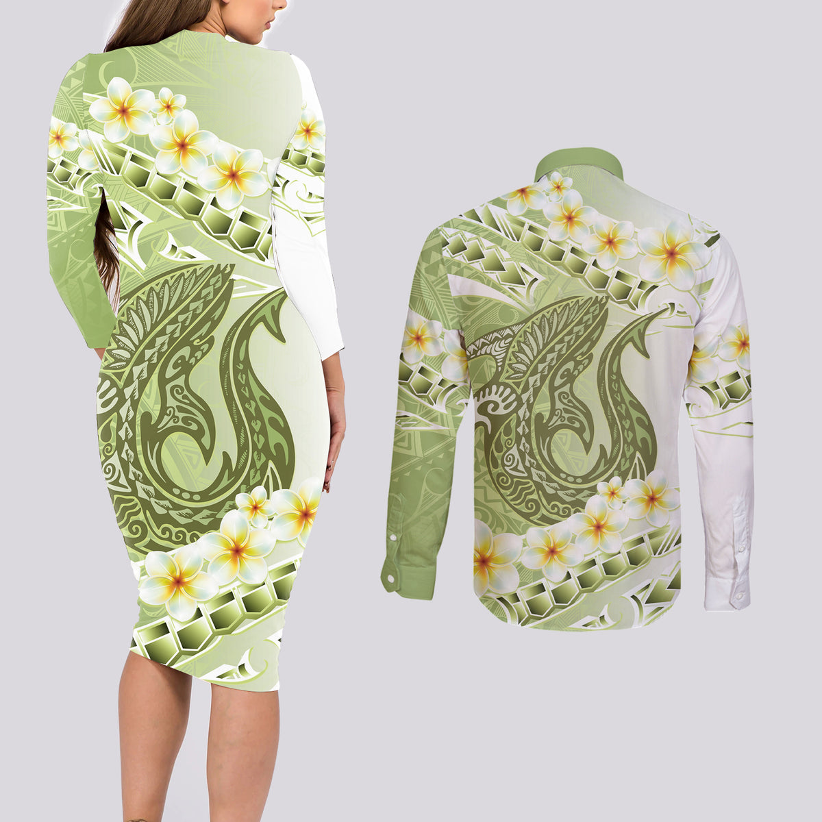 Green Hawaii Shark Tattoo Couples Matching Long Sleeve Bodycon Dress and Long Sleeve Button Shirt Frangipani With Polynesian Pastel Version