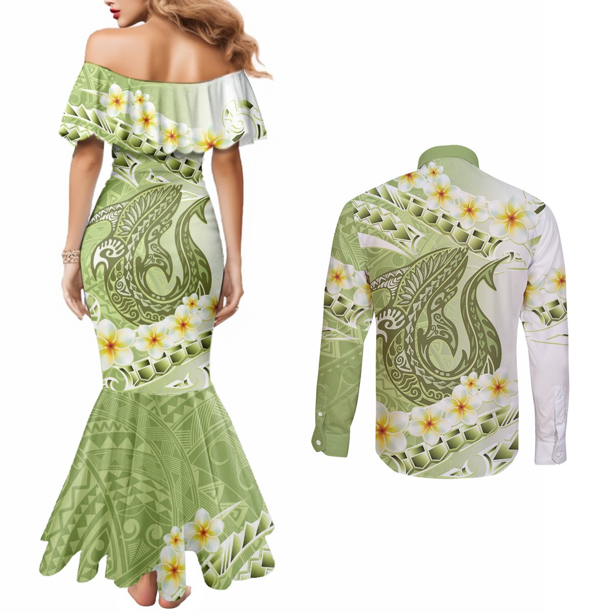 Green Hawaii Shark Tattoo Couples Matching Mermaid Dress and Long Sleeve Button Shirt Frangipani With Polynesian Pastel Version