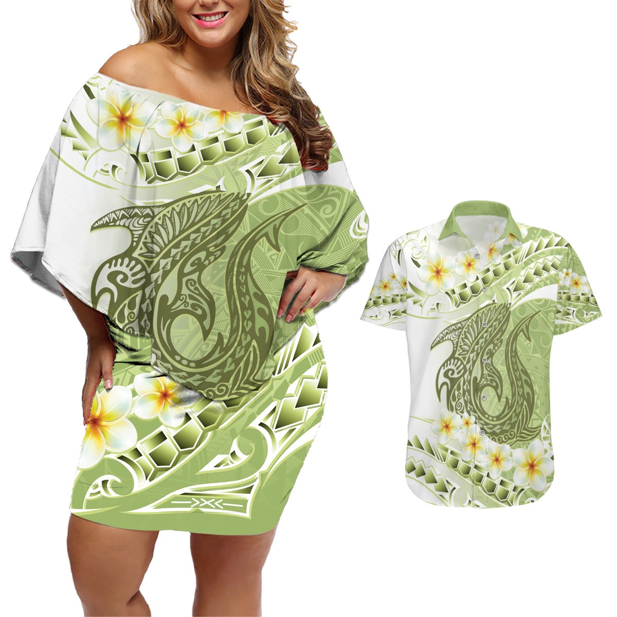Green Hawaii Shark Tattoo Couples Matching Off Shoulder Short Dress and Hawaiian Shirt Frangipani With Polynesian Pastel Version