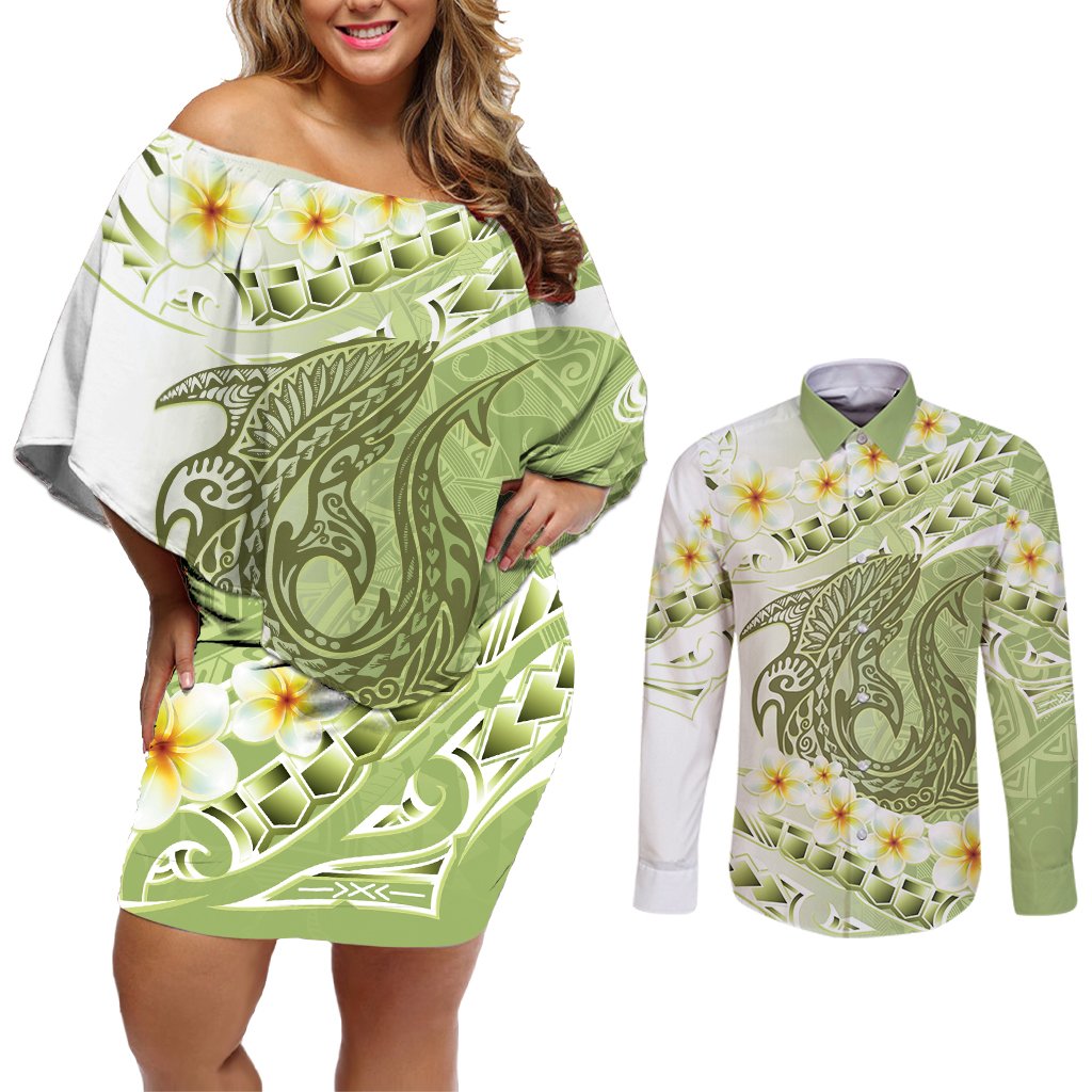 Green Hawaii Shark Tattoo Couples Matching Off Shoulder Short Dress and Long Sleeve Button Shirt Frangipani With Polynesian Pastel Version
