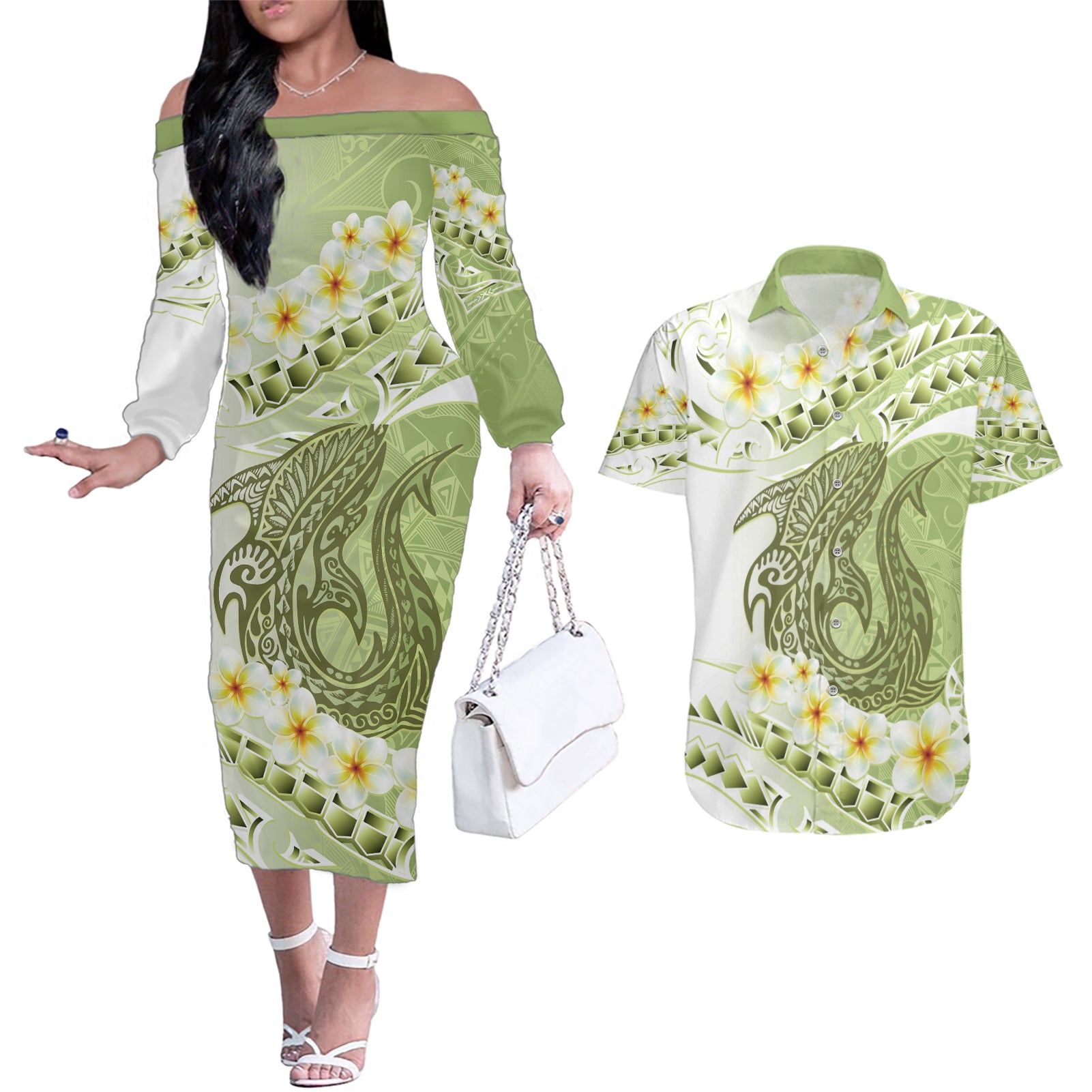 Green Hawaii Shark Tattoo Couples Matching Off The Shoulder Long Sleeve Dress and Hawaiian Shirt Frangipani With Polynesian Pastel Version