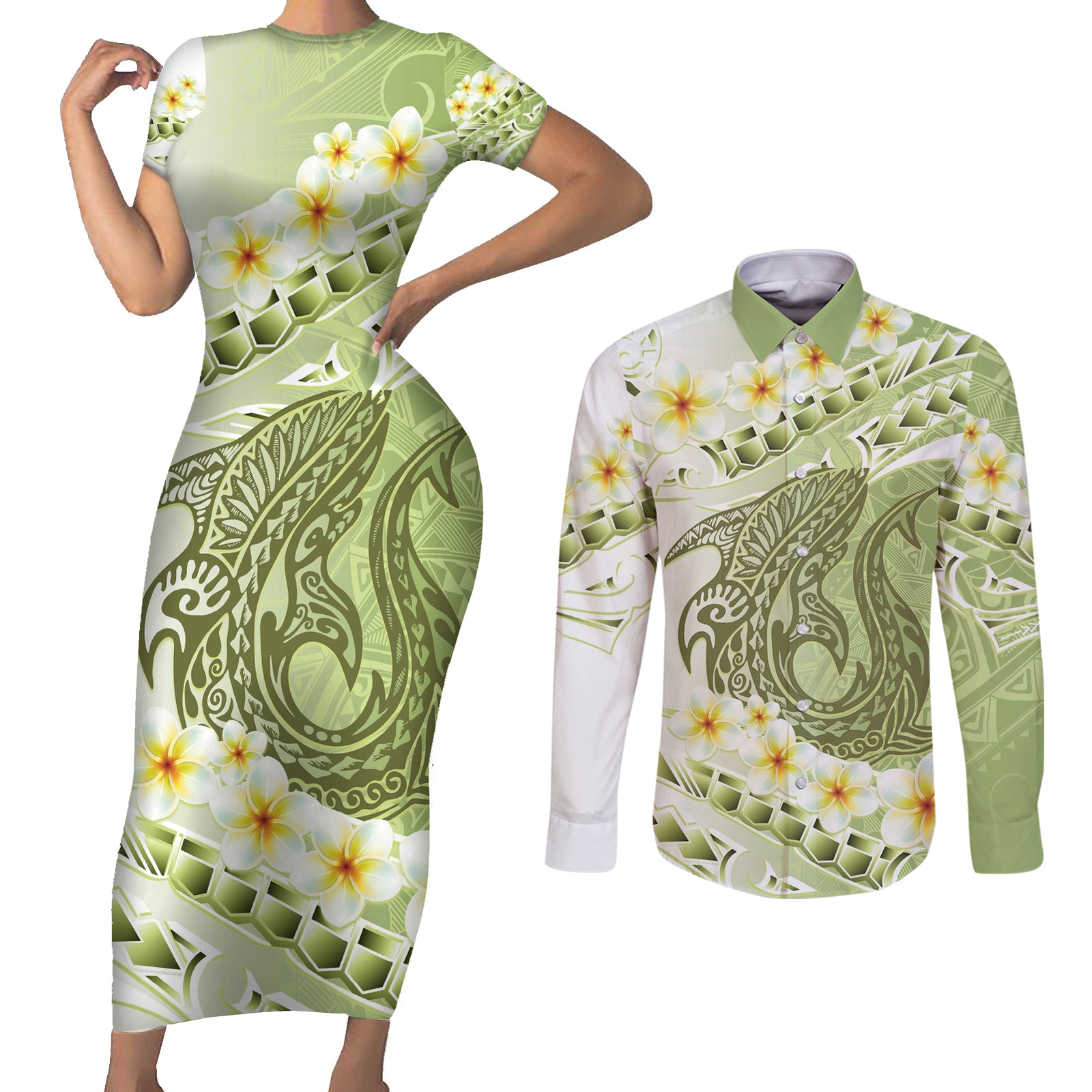 Green Hawaii Shark Tattoo Couples Matching Short Sleeve Bodycon Dress and Long Sleeve Button Shirt Frangipani With Polynesian Pastel Version
