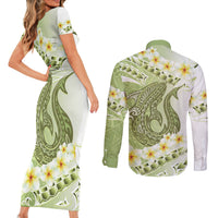 Green Hawaii Shark Tattoo Couples Matching Short Sleeve Bodycon Dress and Long Sleeve Button Shirt Frangipani With Polynesian Pastel Version
