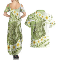 Green Hawaii Shark Tattoo Couples Matching Summer Maxi Dress and Hawaiian Shirt Frangipani With Polynesian Pastel Version