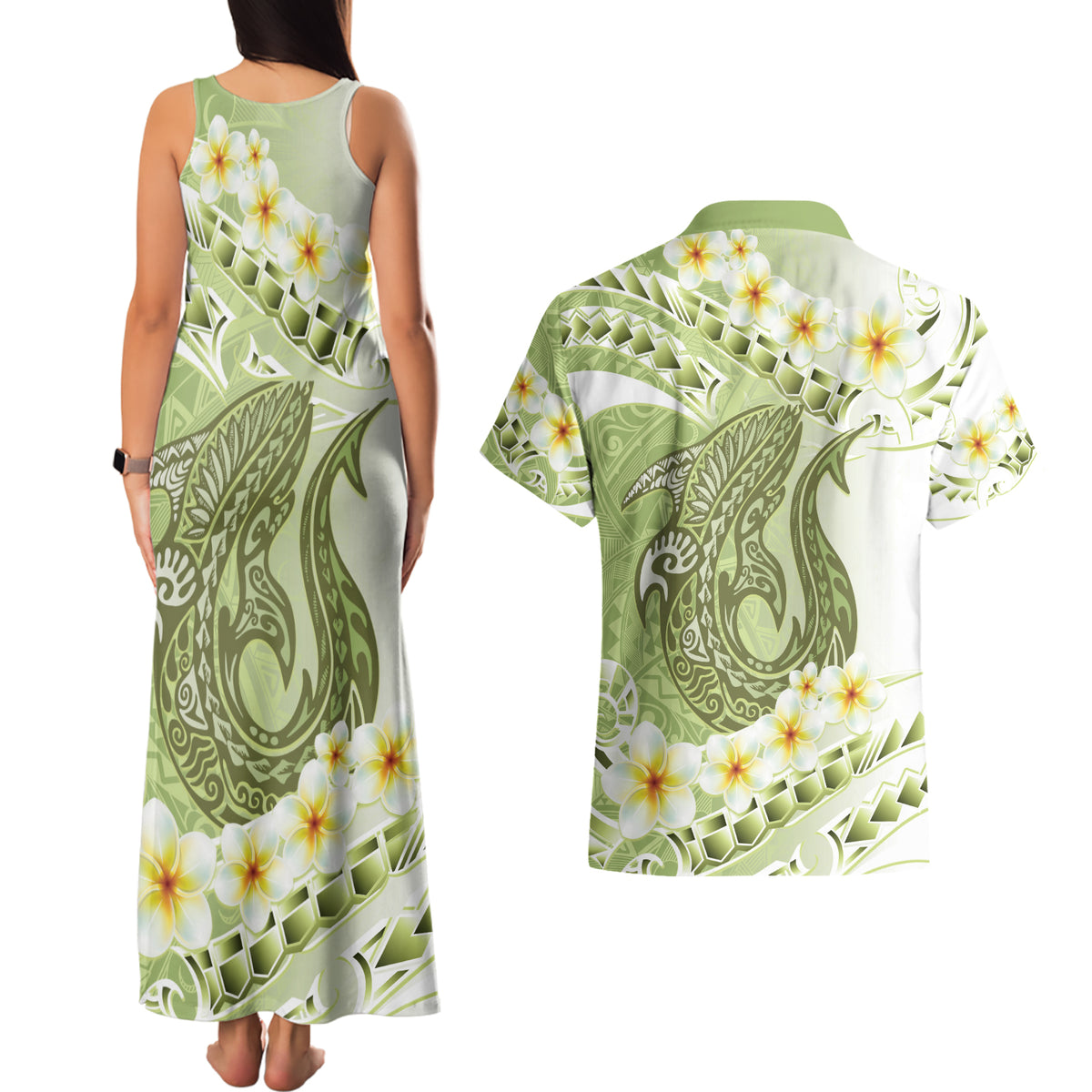 Green Hawaii Shark Tattoo Couples Matching Tank Maxi Dress and Hawaiian Shirt Frangipani With Polynesian Pastel Version