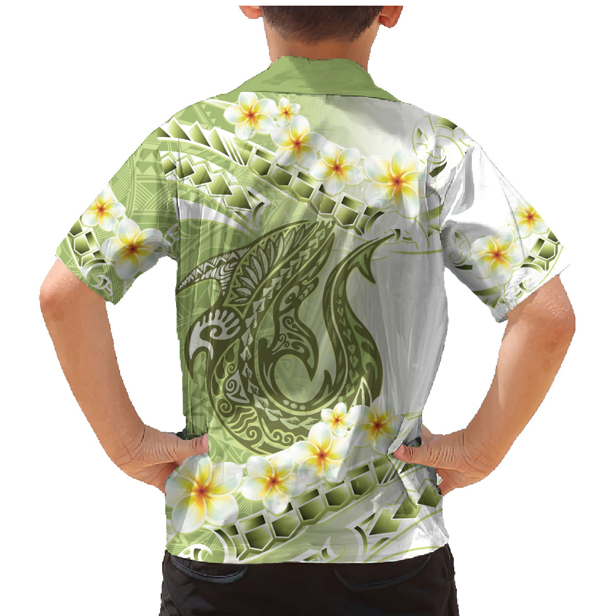 Green Hawaii Shark Tattoo Family Matching Mermaid Dress and Hawaiian Shirt Frangipani With Polynesian Pastel Version