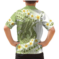 Green Hawaii Shark Tattoo Family Matching Mermaid Dress and Hawaiian Shirt Frangipani With Polynesian Pastel Version